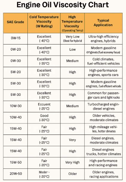 Table comparing hydraulic oil viscosity grades and their applications