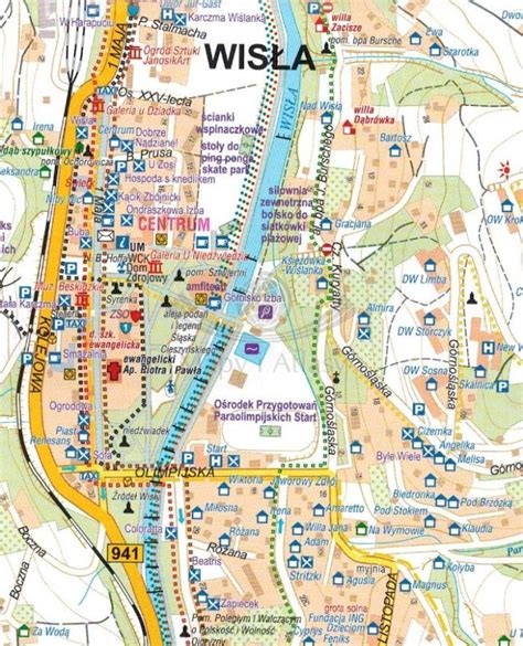 Mapa turystyczna Wisły z zaznaczoną trasą kolejki