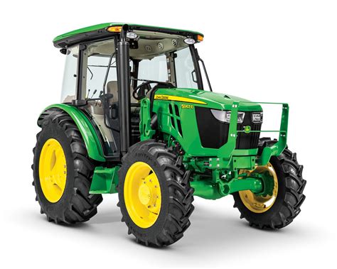 wizualizacja ciągnika John Deere 5067E z zaznaczonymi kompaktowymi wymiarami i zwrotnością