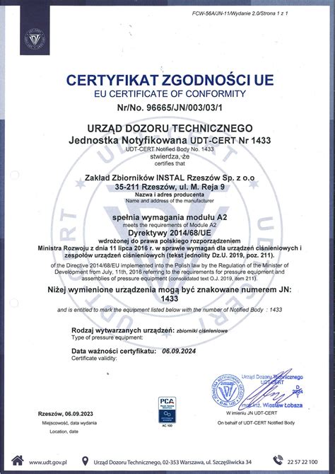 Certyfikat UDT - przykład