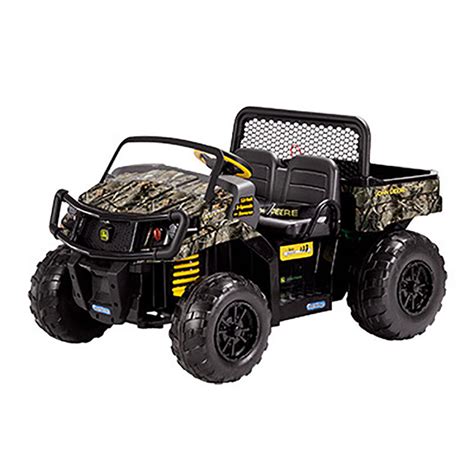 Thematic photo of a John Deere Gator Camo toy dump truck for children in outdoor play