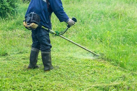 Osoba używająca kosy spalinowej w trudno dostępnym miejscu ogrodu