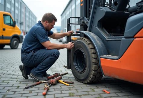 Zdjęcie mechanika wykonującego naprawę wózka widłowego u klienta