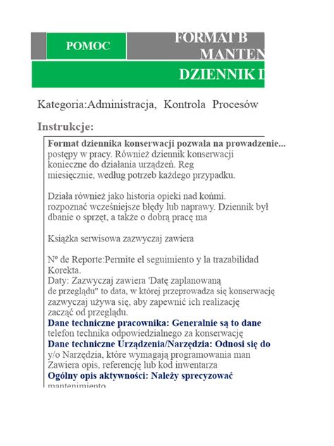 Skan lub zdjęcie otwartego dziennika konserwacji z przykładowymi, czytelnymi wpisami