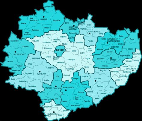 Mapa województwa świętokrzyskiego z zaznaczonymi miejscami ogłoszeń
