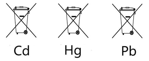 Illustration of battery safety symbols, including the crossed-out waste bin and chemical symbols for heavy metals (Hg, Cd, Pb).
