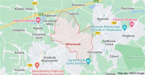 mapa Milanówka z zaznaczonym obszarem dostępności usług wynajmu glebogryzarek