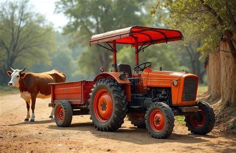 Thematic photo of an old single-axle tractor with a trailer in a rural setting
