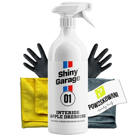 Infografika przedstawiająca kategorie produktów Shiny Garage: mycie, pielęgnacja wnętrza, zabezpieczenie, akcesoria