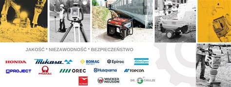Zdjęcie przedstawiające różnorodne maszyny budowlane i ogrodnicze do wynajęcia