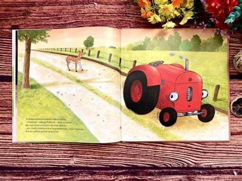 Ilustracja przedstawiająca Czerwony Traktorek i jego przyjaciela Stana na farmie