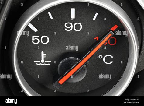 Thematic photo of a car dashboard with a temperature gauge in the red zone