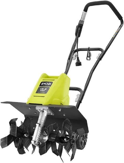 Thematic photo of a Ryobi cordless tiller being used in a garden, showing loosened soil