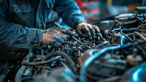 Mechanik naprawiający silnik kosiarki spalinowej w warsztacie