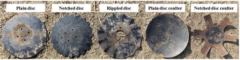 Close-up photo of various types of coulters (stanchion, disc, shell) for a seeder