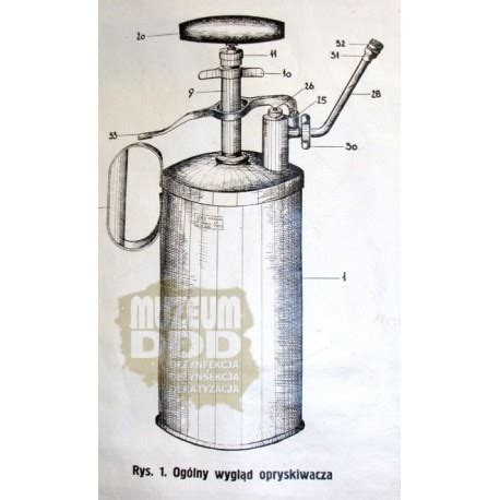 Schemat budowy ręcznego opryskiwacza ciśnieniowego z zaznaczonym zbiornikiem, pompką, dźwignią i dyszą