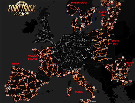 Mapa agencji pracy w Euro Truck Simulator 2 z zaznaczonymi odkrytymi i nieodkrytymi punktami.