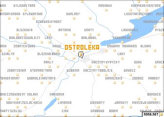 Map of Ostrołęka and surrounding towns with markers for rototiller availability