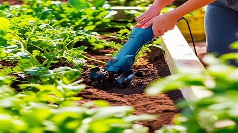 Thematic photo of a person using an electric cultivator in a garden