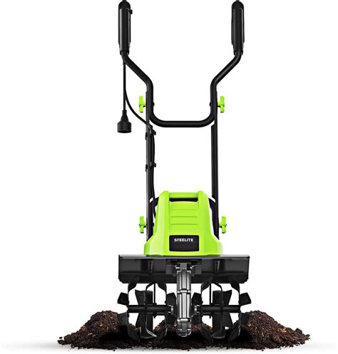 Infographics showing the features of an electric cultivator: power, working width, depth adjustment, basket capacity