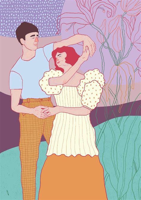 Ilustracja pary jedzącej śniadanie w łóżku, otoczonej kwiatami i świecami.