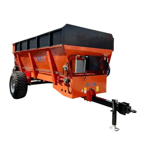 Infographics showing the internal mechanism of a single-axle manure spreader (adapter, conveyor, PTO)