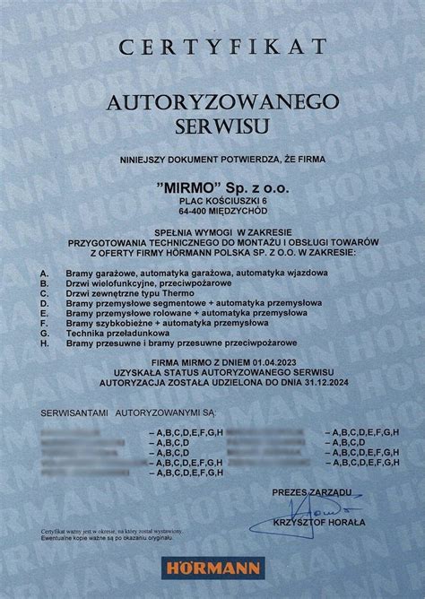 Certyfikat autoryzowanego serwisu Bomag