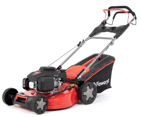 The Faworyt GTR46N139L 4w1 lawn mower in a garden setting, showcasing its compact design and powerful appearance.