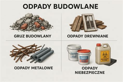 Schemat przedstawiający rodzaje odpadów budowlanych: gruz, styropian, wełna mineralna i płyty gipsowe