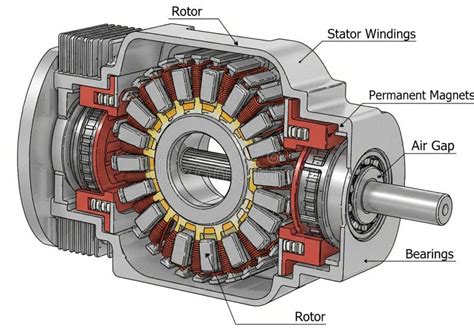 Diagram of an electric motor's internal components, highlighting stator, rotor, bearings, and brake