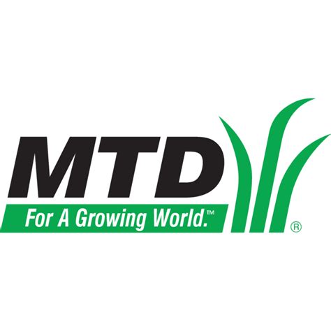 The MTD brand logo and a modern MTD lawnmower in a green garden