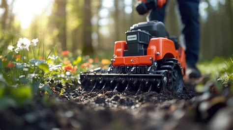 Thematic photo of a tiller working in a garden