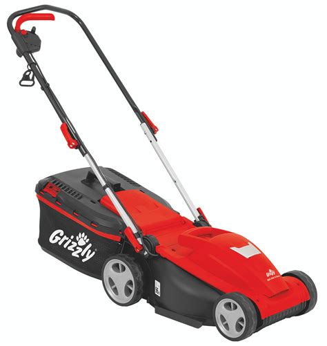 Thematic photo of a Grizzly ERM 1434-3 STOW electric lawnmower in a garden
