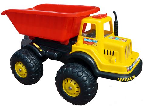 Duża wywrotka zabawkowa w kolorze czerwonym z żółtym kiperem.