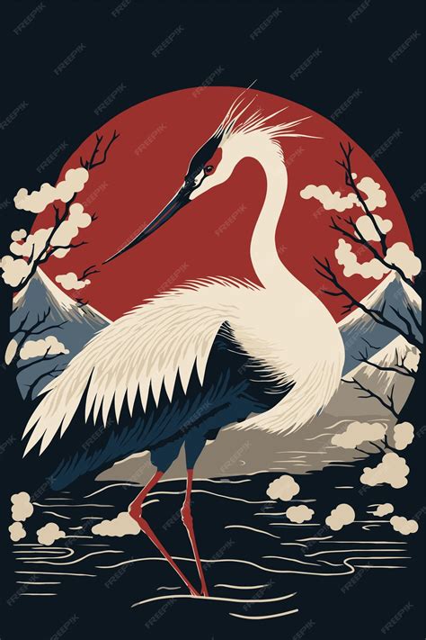 Stylizowana ilustracja żurawia w minimalistycznym wnętrzu