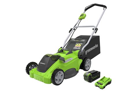 Image of a battery-powered lawnmower with battery indicator