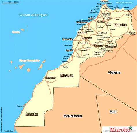 mapa trasy rajdu The Budapest-Bamako z zaznaczeniem Maroka i Sahary Zachodniej