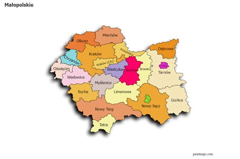 Map of Małopolskie region with mentioned towns highlighted