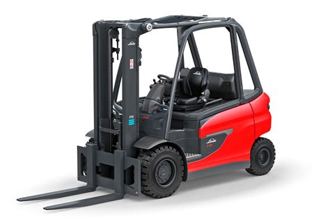 The Linde E35 electric forklift in a warehouse setting, illustrating its compact design and maneuverability.
