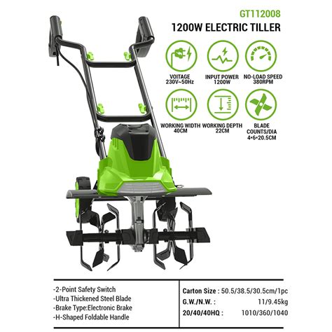 Infographic showing the working width (400mm) and depth (200mm) of a tiller