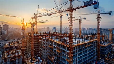 Thematic photo of a large construction site with multiple tower cranes in action, illustrating their prevalence in modern urban development.