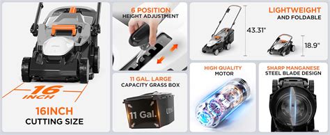 Infographics showing lawnmower specifications: power, cutting width, basket capacity