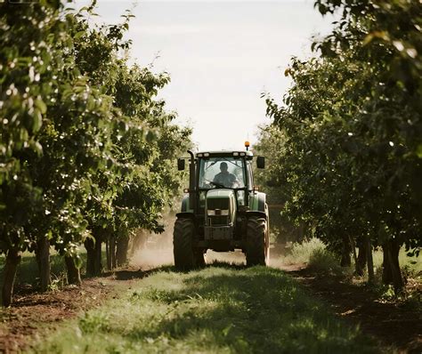 Thematic photo of a modern orchard tractor working in a fruit orchard