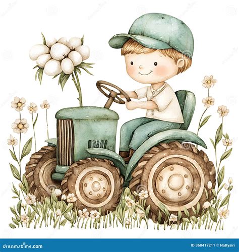 Thematic photo of a child happily driving an electric tractor with a trailer in a garden