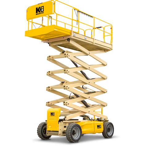 Schemat budowy elektrycznego podnośnika nożycowego JCB z zaznaczeniem kluczowych podzespołów i systemu e-drive