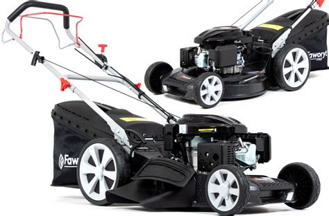 The Faworyt Pro MP53 SLA lawn mower in action, showing its robust design and aluminum housing.