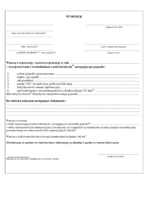Wzór wniosku o rejestrację pojazdu