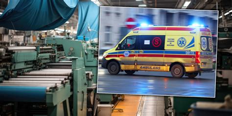 Zdjęcie przedstawiające miejsce wypadku w zakładzie produkcyjnym, z zamazanymi szczegółami w tle