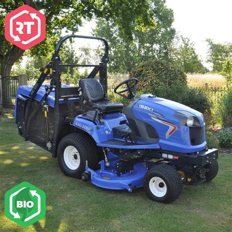 The Iseki logo with a modern Iseki ride-on mower in a green landscape