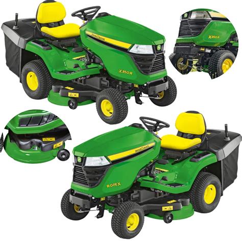 Ilustracja przedstawiająca różnorodne modele traktorków ogrodowych John Deere pracujące w pięknych, zadbanych ogrodach.